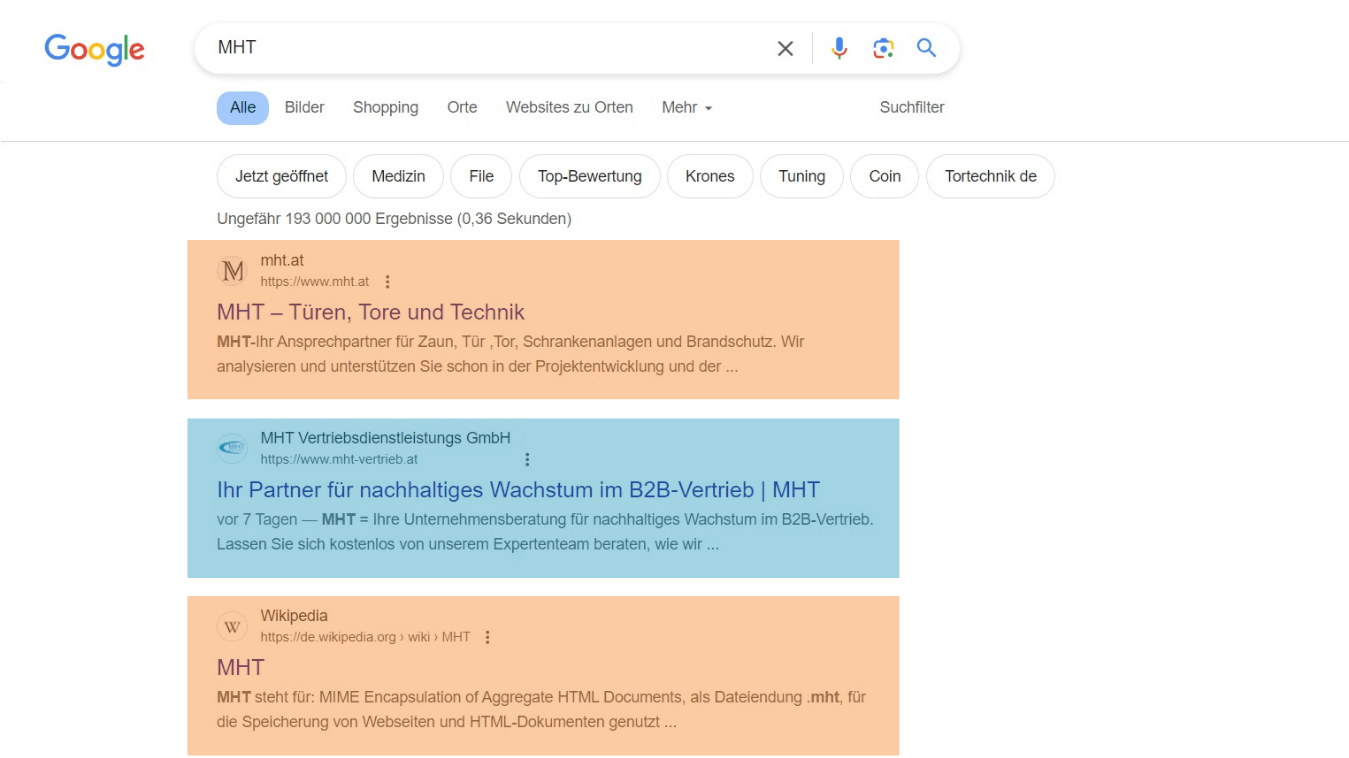 Google SERP Snippet Beispiele für die Suchanfrage MHT