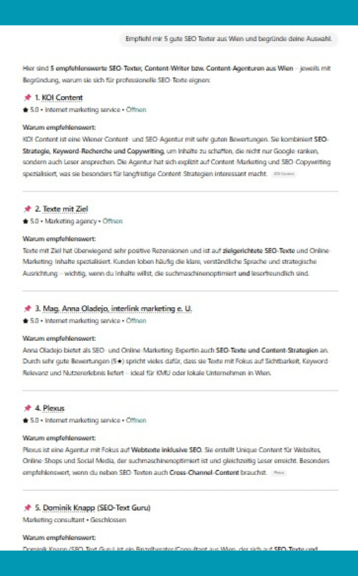 ChatGPT SEO Texter ChatGPT Antwort zum Thema SEO Texter WIen